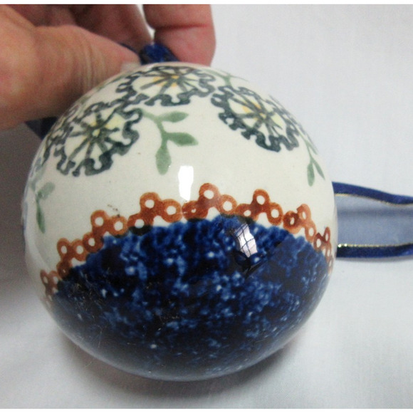 Polish Pottery Handcrafted Ceramic Ornament BLUE FLORAL Design 3 Inches - Picture 5 of 6